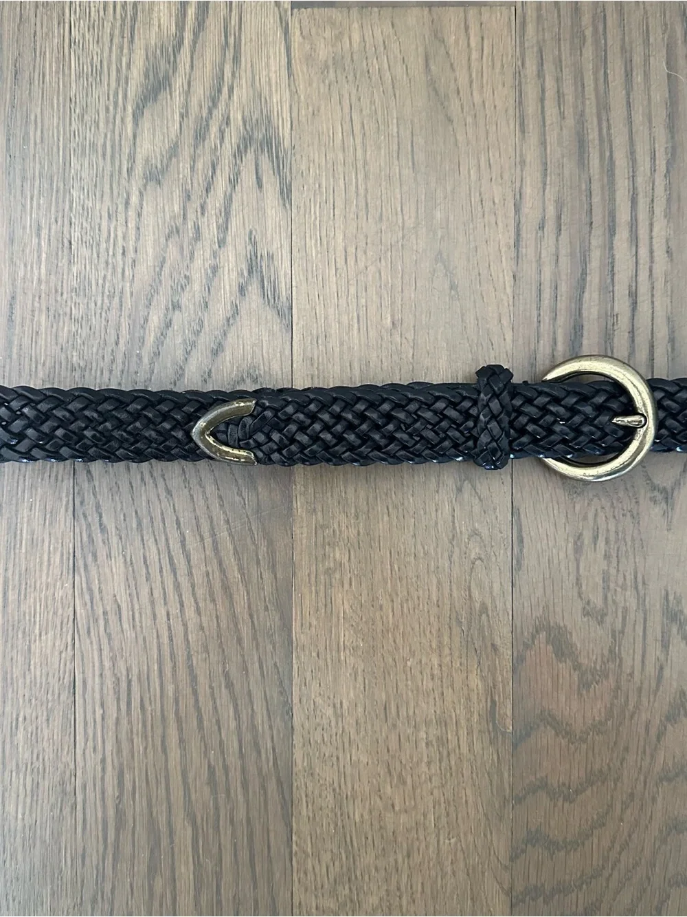 Vintage Talbots Narrow Braided Leather Belt Solid Brass Round Buckle Black Large